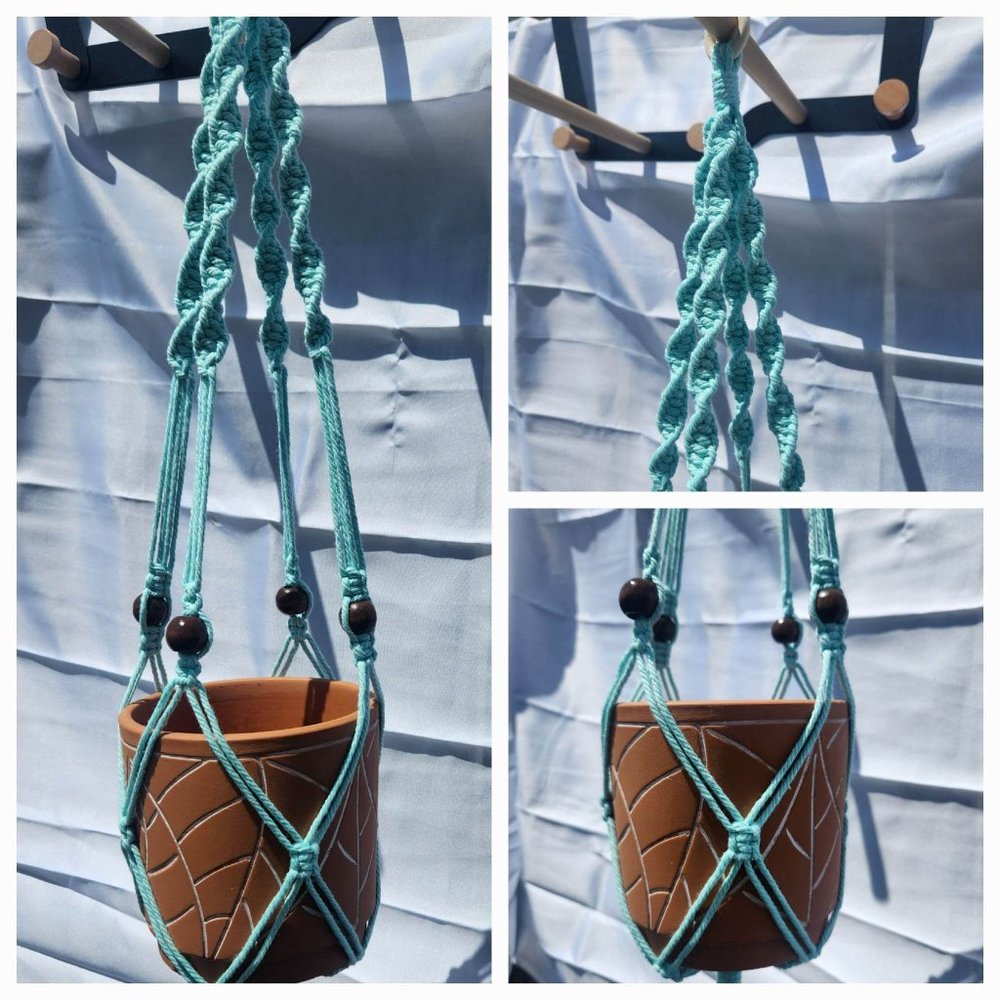 Handmade Homemade Macrame Plant Hanger in Teal Blue